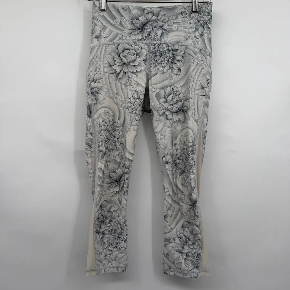 Lululemon Gray White High Rise Wunder Under Floral Ankle Leggings Size 6